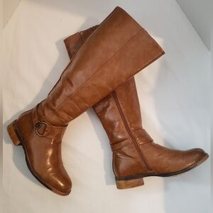 WANTED Women's Vegan Leather Harness Detail Tall Riding Boots Carmel Brown Sz:7